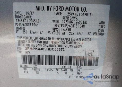 2017 Ford Edge Sel z USA, uszkodzony, nr VIN 2FMPK4J85HBC66673